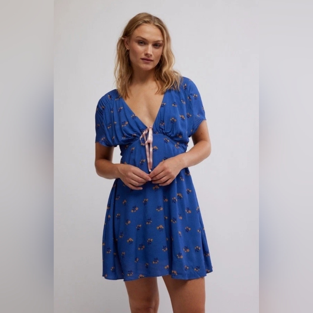 Free People Women's Blue Floral Everyone's Favorite Mini Dress (XS)